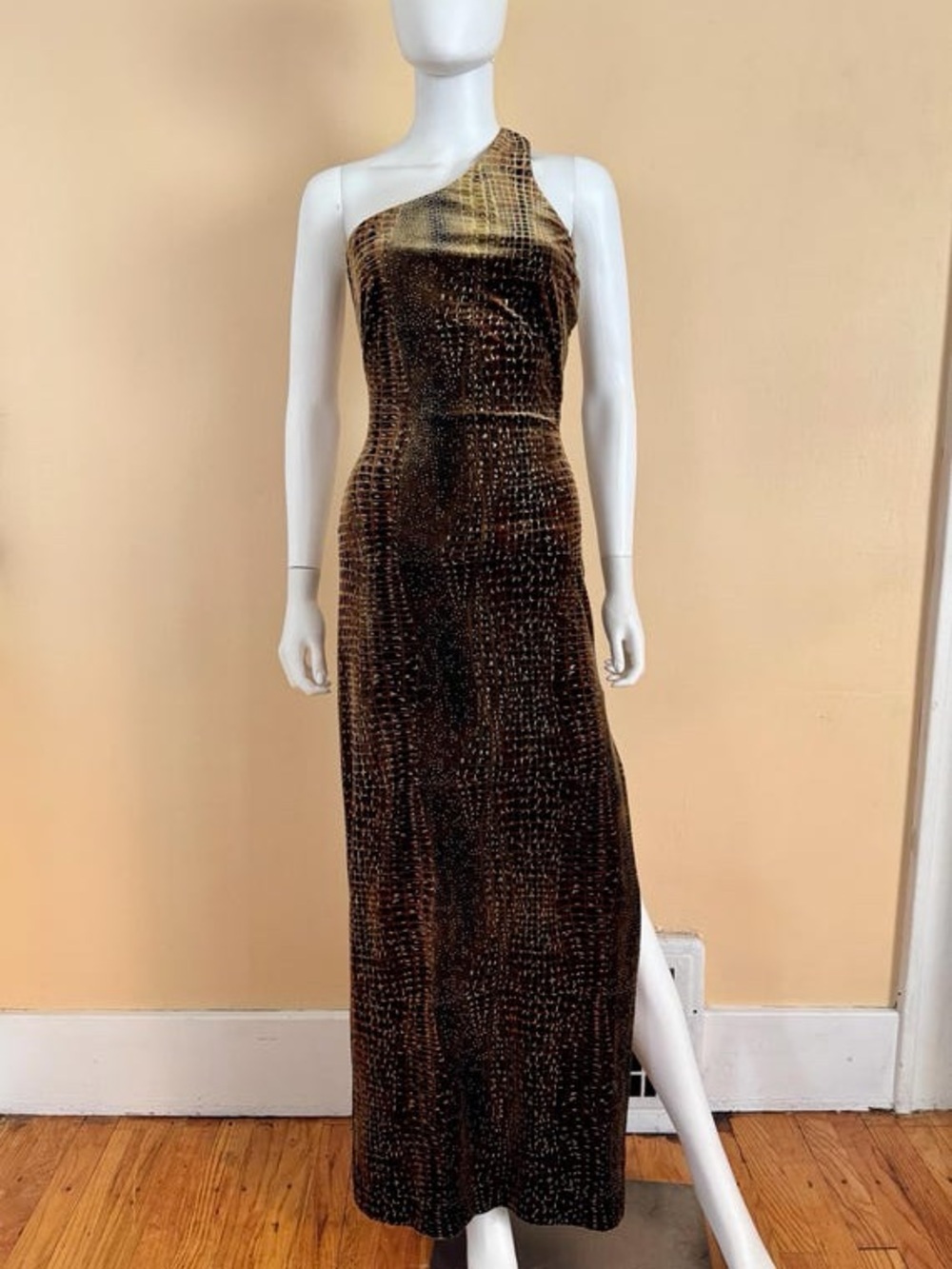 Cache One-Shoulder Brown and Gold Maxi Dress